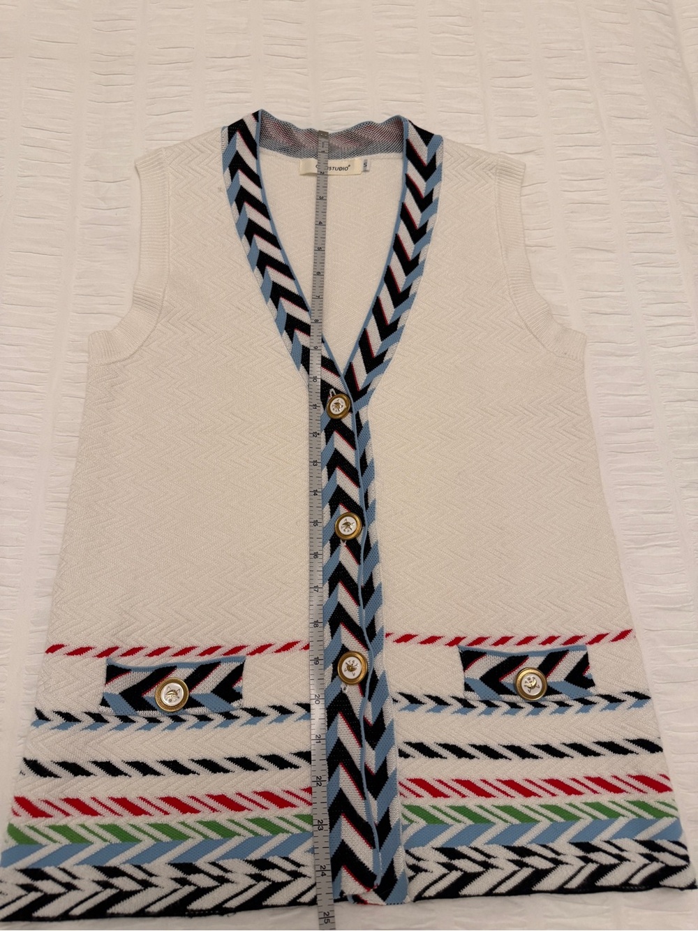 CHINSTUDIO Button Front Knit Vest Chevron Stripe Trim Preppy Nautical Nordic - Picture 15 of 17